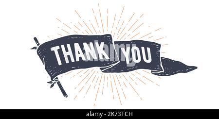 Grazie. Biglietto d'auguri retrò con bandiera a nastro e testo Grazie. Vecchio banner bandiera a nastro in stile incisione per il giorno felice del Ringraziamento. Bandiera vintage della vecchia scuola. Illustrazione vettoriale Illustrazione Vettoriale
