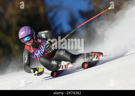 Audi FIS Ski World Cup Ladies Giant Slalom Tessa Worley in azione durante la prima corsa della Audi FIS Ski World Cup Ladies Giant Slalom a Plan de Corones, il 24 gennaio 2017. Federica Brignone è in testa a Tessa Worley dalla Francia. Foto Stock