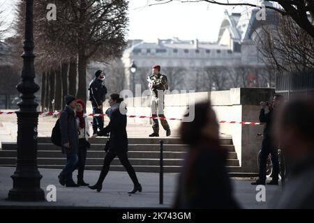 Parigi, Francia, febbraio 3rd 2017 Un soldato francese aprì il fuoco su un uomo armato di machete che gridò 'Allahu Akbar' mentre tentava di entrare in un centro commerciale vicino al famoso museo del Louvre di Parigi. Il PM dice che l'attacco era "chiaramente di natura terroristica" Foto Stock