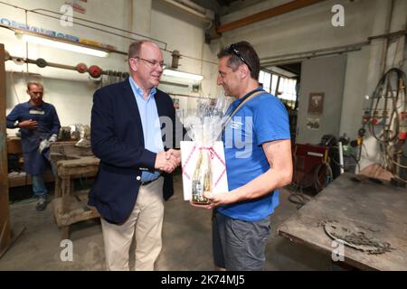 ©PHOTOPQR/NICE MATIN ; ITALIE PIETRASANTA déplacement de sas albert II - visite aux côtés de bernard bezzina de la Fonderie Artistoca Versiliese sous la direction de Tiberio Lucarini EN EXCLU - Pietrasanta est une ville en Toscane, Italie, vouée à la sculpture contemporaine. Le Marbre de la Versilia et surtout la maîtrise des artisans locaux dans le travail de la pierre et du bronze, y ont en effet attiré des artistes de renom. Le Prince Albert de Monaco y a fait une visite privée en compagnie du sculpteur plastilien Bernard Bezzina. Pietrasanta, Italia ESCLUSIVA Pietrasanta è una città in T Foto Stock