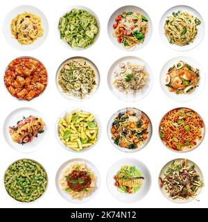 Collezione di pasta italiana con vari ingredienti isolati su fondo bianco. Vista dall'alto, vivande colorate Foto Stock