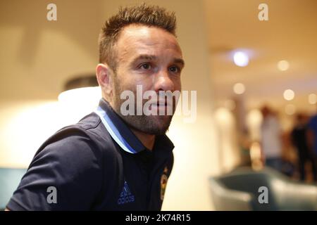 L'Olympique de Marseille (OM) a Losanna in Svizzera. Questo contro l'intervista di Mathieu VALBUENA, ex giocatore dell'OM e attuale giocatore di Fenerbahce Foto Stock