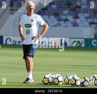 Il manager francese Didier Deschamps durante una sessione di allenamento allo stadio municipale di Tolosa, nel sud della Francia, il 2 settembre 2017, alla vigilia della partita di calcio di qualificazione della Coppa del mondo FIFA 2018 contro il Lussemburgo Foto Stock