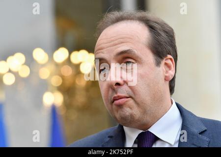 Jean-Christophe LAGARDE, Presidente dell'Unione dei Democratici e dei deputati indipendenti. Il Presidente della Repubblica riceverà lunedì 20 novembre e martedì 21 novembre il Presidente del Senato e il Presidente dell'Assemblea Nazionale. Riceverà inoltre i capi di tutti i partiti e movimenti politici nazionali rappresentati in Parlamento per consultarsi sull'organizzazione delle elezioni per le prossime elezioni europee. Foto Stock