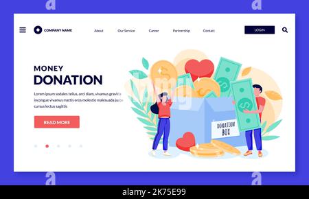 Donazione di fondi finanziari, concetto di supporto al volontariato. Volontari donano denaro per beneficenza. Illustrazione dei caratteri vettoriali flat cartoon Illustrazione Vettoriale