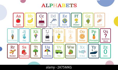 Alfabeti colorati e vocabolario vettoriale per bambini per aiutare l'apprendimento, parole di lettere da abc a z, scheda isolata su sfondo bianco. Illustrazione Vettoriale