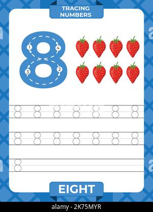 Traccia numero 8, foglio di lavoro per i numeri di apprendimento, materiale didattico per bambini, pagina attività per bambini. Illustrazione Vettoriale