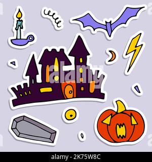 Set di adesivi Doodle Halloween. Zucca autunnale disegnata a mano, castello, candela, bara su sfondo viola. Carino scary banner horror per le vacanze autunnali, giorno Illustrazione Vettoriale