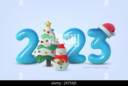 2023, banner con albero di Natale, pupazzo di neve e cappello di Babbo Natale, con numeri blu. Rappresentazione vettoriale realistica. Buon Natale e felice anno nuovo Illustrazione Vettoriale