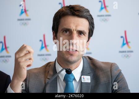 Conferenza stampa per prendere posizione sull'organizzazione dei Giochi olimpici a Parigi nel 2024, in occasione della visita della commissione di coordinamento del CIO. Alla presenza di Tony Estanguet Presidente di Parigi 2024, a Parigi, il 18 giugno 2018. Foto Stock