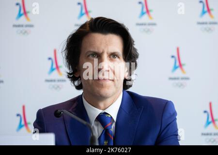 Conferenza stampa per prendere posizione sull'organizzazione dei Giochi olimpici a Parigi nel 2024, in occasione della visita della commissione di coordinamento del CIO. Alla presenza di Christophe Dubi Direttore dello Sport del CIO, a Parigi, il 18 giugno 2018. Foto Stock