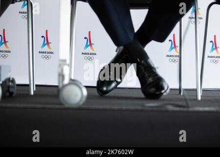Conferenza stampa per prendere posizione sull'organizzazione dei Giochi olimpici a Parigi nel 2024, in occasione della visita della commissione di coordinamento del CIO, a Parigi, il 18 giugno 2018. Foto Stock