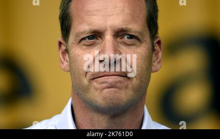 Christian Prudhomme, direttore del Tour de France.Â©PHOTOPQR/l'EST REPUBLICAIN ; SPORT - CYCLISME - TOUR DE FRANCE 2018 - edizione 105EME - CEREMONIE DE PRESENTATION DES EQUIPES - ASO - AMAURY SPORT ORGANISATION - PRUDHOMME. La Roche-sur-Yon 5 juillet 2018. Christian PRUDHOMME, direttore del Tour de France. FOTO Alexandre MARCHI. - Tour de France 2018 - la gara ciclistica si svolge dal 7th al 29th 2018 luglio. 21 fasi - 3 351kms Foto Stock