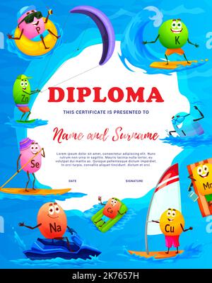 Bambini diploma cartoni animati micronutrienti e minerali personaggi in vacanza estiva. Certificato vettoriale con elementi divertenti Cu, Zn, Mn, CA, Na, Se, P, K, mi piace sport acquatici ricreazione, modello di cornice premio Illustrazione Vettoriale