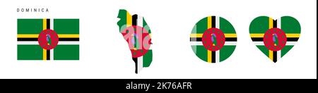 Icona bandiera Dominica impostata. Pennant dominicano in colori e proporzioni ufficiali. Rettangolare, a forma di mappa, circolare e a forma di cuore. Vettore piatto illustrati Illustrazione Vettoriale