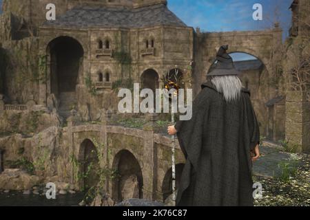 Vecchio mago grigio si trova davanti al ponte di un castello fantasy mistico. Rendering 3D. Foto Stock