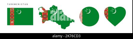 Icona bandiera Turkmenistan impostata. Pennant turkmeniano in colori e proporzioni ufficiali. Rettangolare, a forma di mappa, circolare e a forma di cuore. Vettore piatto illus Illustrazione Vettoriale