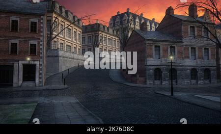 Ampia strada acciottolata vuota che conduce su una collina in una vecchia città vittoriana a vapore. Rendering 3D. Foto Stock