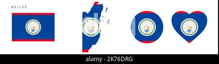 Icona della bandiera Belize impostata. Pennant Belizean in colori e proporzioni ufficiali. Rettangolare, a forma di mappa, circolare e a forma di cuore. Illustrazione del vettore piatto Illustrazione Vettoriale