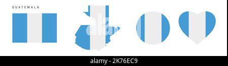 Icona bandiera Guatemala impostata. Pennant guatemalteco in colori e proporzioni ufficiali. Rettangolare, a forma di mappa, circolare e a forma di cuore. Illustrazione vettoriale piatta Illustrazione Vettoriale