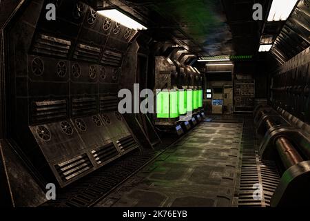 Scuro moody vecchia nave spaziale aliena o stazione corridoio interno. Illustrazione 3D. Foto Stock