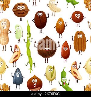 Allegro cartoni animati noci e fagioli personaggi senza cuciture modello. Vector cocco e arachidi, noce, pistacchio, anacardi, brasile e noci pecan, mandorle, macadamia, girasole, zucca, soia e chicchi di caffè Illustrazione Vettoriale