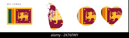 Icona della bandiera dello Sri Lanka impostata. Pennant dello Sri Lanka nei colori e nelle proporzioni ufficiali. Rettangolare, a forma di mappa, circolare e a forma di cuore. Illustrazione vettoriale piatta Illustrazione Vettoriale