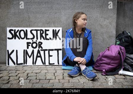 Greta Thunberg. 15, è visto all'esterno dell'edificio del parlamento a Stoccolma, Svezia. Greta è in sciopero dalla scuola per protestare contro la crisi climatica. Intende sciopero fino alle elezioni generali del settembre 9. Foto Stock