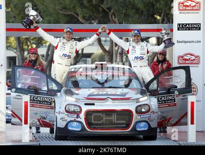 Yoann Bonato et Benjamin Boulloud (Citroën C3/R5 RC2) - arrivo e podio per la 87th Monte Carlo WRC Foto Stock