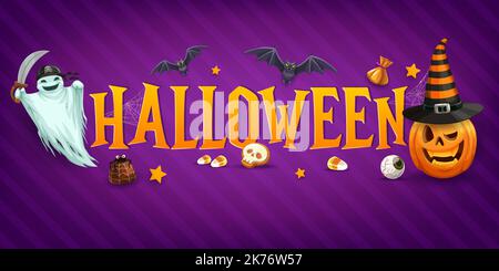 Banner di Halloween con personaggi dolci e cartoni animati. Personaggio fantasma pirata, zucca Jack o lanterna in cappello di strega e trucco creepy o caramelle trattare, pipistrelli, ciottoli. Sfondo vettoriale orizzontale di Halloween Illustrazione Vettoriale