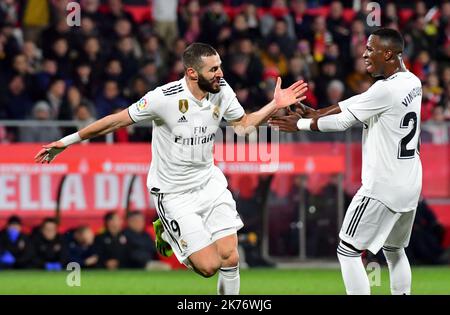 KARIM BENZEMA / VINICIUS JUNIOR durante la finale di Cope de Rey Quarter seconda tappa tra Girona e Real Madrid il 31 gennaio 2019. Foto Stock