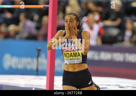 Solene Ndama di Francia Pentathlon High Jump durante i Campionati europei di atletica indoor Glasgow 2019 il 1 marzo 2019 all'Emirates Arena di Glasgow, Scozia Foto Stock