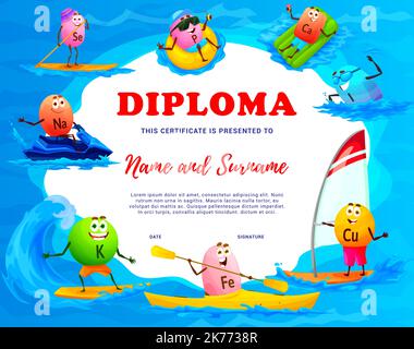 Bambini diploma cartoni animati micronutrienti e minerali personaggi in vacanza estiva. Certificato vettoriale con elementi divertenti Cu, Fe, CA, Na, se, P, K, i sport acquatici ricreazione, kayak, vela, sup board Illustrazione Vettoriale