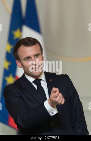 Grand debat National : echange avec des intellectuels Emmanuel Macronn il presidente francese Emmanuel Macron partecipa al grande dibattito con gli intellettuali del Palazzo Elysee. FRANCIA-18/03/2019 Foto Stock