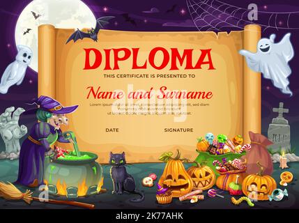 Diploma di Halloween Kids. Cartone animato strega e caramelle per le vacanze o dolci. Personaggi fantasma e gatto nero, dolci creepy dessert, pozione magica calderone, zombie mano, cobbweb su Halloween vettore diploma Illustrazione Vettoriale