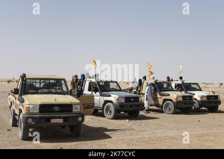 Anche i veicoli dell'HCUA (High Council for the Azawad Unit) sono venuti a proteggere l'area. A Koygouma (distretto di Goundam, comune di Gargando) nella regione di Timbuktu, l'HCUA, membro del CMA (coordinamento del movimento di Azawad) è molto presente. Questo gruppo ribelle, firmatario degli accordi di pace di Algeri, composto per lo più da dissidenti di Ansar Dine, viene spesso criticato per il suo "doppio gioco" con i jihadisti di Ansar Dine e per la sua vicinanza a Iyad AG Ghali. Foto Stock