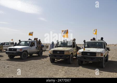 Anche i veicoli dell'HCUA (High Council for the Azawad Unit) sono venuti a proteggere l'area. A Koygouma (distretto di Goundam, comune di Gargando) nella regione di Timbuktu, l'HCUA, membro del CMA (coordinamento del movimento di Azawad) è molto presente. Questo gruppo ribelle, firmatario degli accordi di pace di Algeri, composto per lo più da dissidenti di Ansar Dine, viene spesso criticato per il suo "doppio gioco" con i jihadisti di Ansar Dine e per la sua vicinanza a Iyad AG Ghali. Foto Stock