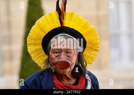 Emmanuel Macron riceve la Cacique Raoni Metuktire, Grand Chief del popolo Kayapo al Palais de l'Elysee, a Parigi ON Foto Stock