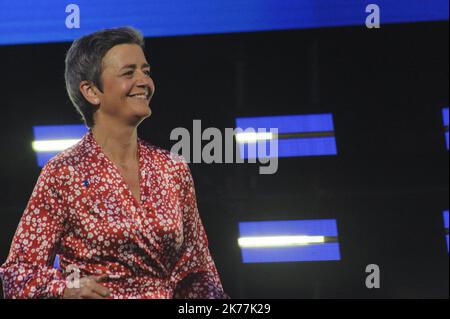 Il candidato a capo della Commissione europea Margrethe Vestager (gruppo ALDE), in una conferenza stampa a seguito dei risultati delle elezioni europee 2019. Foto Stock