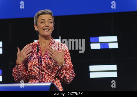 Il candidato a capo della Commissione europea Margrethe Vestager (gruppo ALDE), in una conferenza stampa a seguito dei risultati delle elezioni europee 2019. Foto Stock