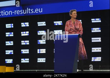 Il candidato a capo della Commissione europea Margrethe Vestager (gruppo ALDE), in una conferenza stampa a seguito dei risultati delle elezioni europee 2019. Foto Stock