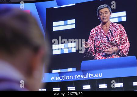 Il candidato a capo della Commissione europea Margrethe Vestager (gruppo ALDE), in una conferenza stampa a seguito dei risultati delle elezioni europee 2019. Foto Stock