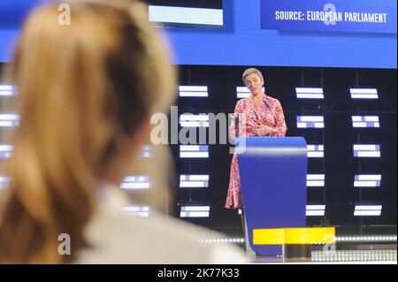 Il candidato a capo della Commissione europea Margrethe Vestager (gruppo ALDE), in una conferenza stampa a seguito dei risultati delle elezioni europee 2019. Foto Stock