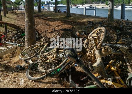 I dipendenti del Municipio di Parigi hanno messo biciclette, velluti, scooter e scooter sulle rive della Senna a Parigi il 21 luglio 2019 Foto Stock