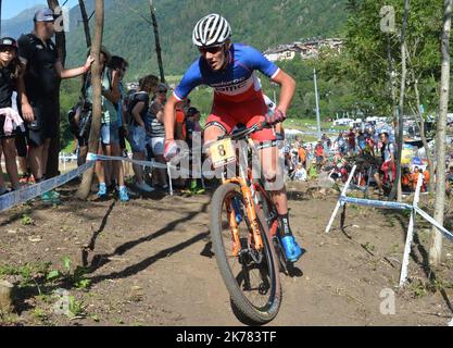 ©Andre Huber/MAXPPP ; UCI MTB World Cup 2019 Val di Sole - distanza olimpica a Daloasa il 4 agosto 2019. Antoine Philipp (fra) Veloroc BMC in azione. Andre Huber/Maxppp Foto Stock