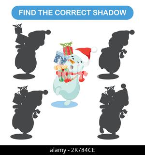 Gioco educativo per bambini. Trova l'ombra giusta per il pupazzo di neve. Illustrazione Vettoriale