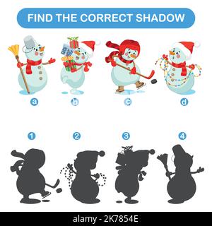 Gioco educativo per i bambini, trovare l'ombra. Scegli l'ombra giusta per il pupazzo di neve Illustrazione Vettoriale