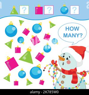 Gioco di matematica per bambini. quante palle di natale. snowman e palle di Natale. Illustrazione Vettoriale