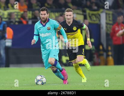 Marco Reus a Bourssia Dortmund e Lionel messi FC Barcellona durante la UEFA Champions League, partita di calcio del Gruppo F tra Borussia Dortmund e FC Barcellona il 17 settembre 2019 allo stadio BVB di Dortmund, Germania - Foto Laurent Lairys / MAXPPP Foto Stock