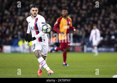 Mauro Icardi durante la seconda tappa della UEFA Champions League tra Paris Saint Germain (PSG) e Galatasaray al Parc des Princes. Foto Stock